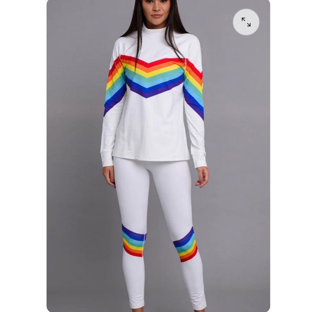 OOSC Rainbow Road Leggings White Rainbow Chevron Ski Base Layer Gym Yoga Womens - Picture 5 of 12